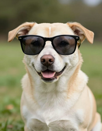 Labrador Retriever Dog with Sunglasses in the Park.の写真素材