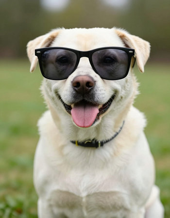 Labrador Retriever Dog in Sunglasses Portrait Outdoorsの写真素材