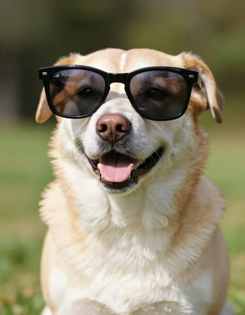 Portrait of a dog wearing sunglasses on a green grass background.の写真素材
