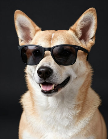 Portrait of a Shiba Inu dog wearing sunglasses on black backgroundの写真素材