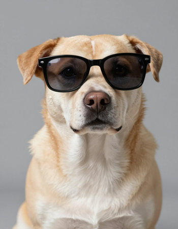 Portrait of a dog wearing glasses, isolated on grey background.