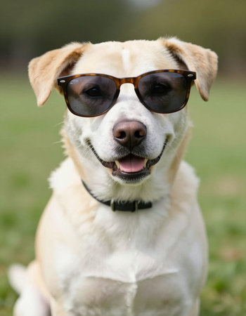 Portrait of a labrador retriever dog wearing sunglasses in the parkの写真素材