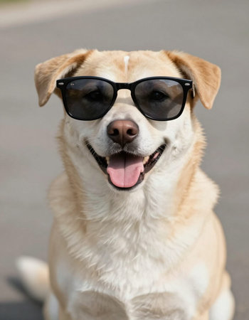Portrait of a labrador retriever dog wearing sunglasses and smilingの写真素材