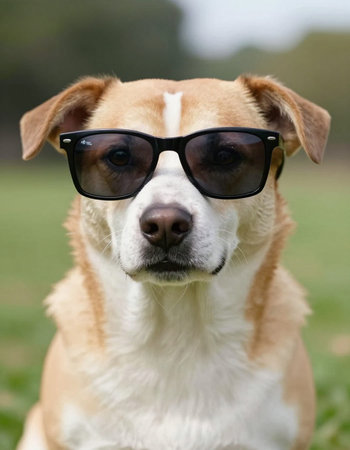 Portrait of a dog wearing sunglasses and looking at the camera.の写真素材