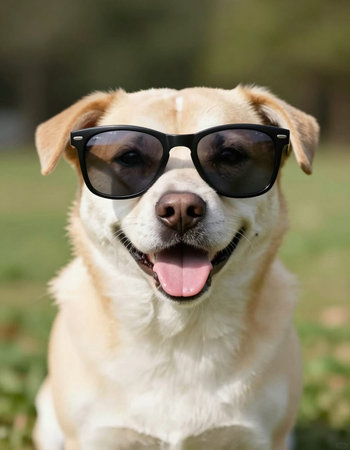 Labrador Retriever dog wearing sunglasses sitting in the park.の写真素材