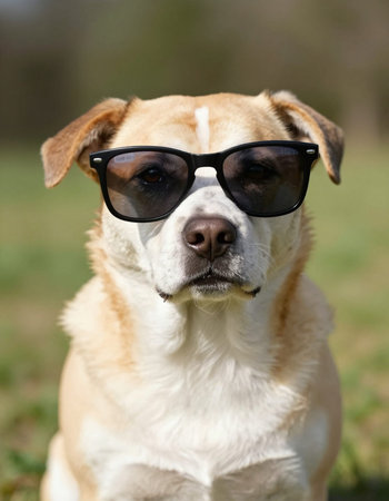 Portrait of a dog wearing sunglasses on a sunny day in summer