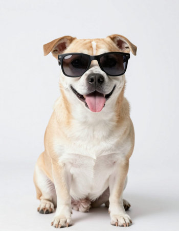 Dog wearing sunglasses, isolated on white background, looking at camera.の写真素材
