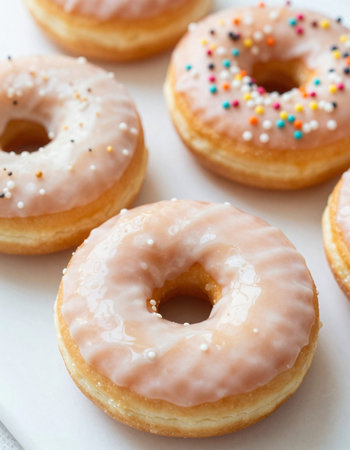 Donuts with icing and sprinkles on a white plate, selective focus.の写真素材