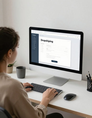 Woman working on computer using online search engine. All screen graphics are made up.の写真素材
