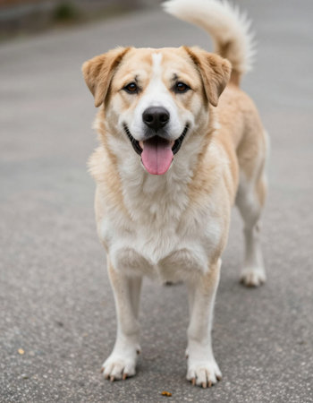 Portrait of a mixed breed dog with tongue out on the street