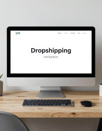 Responsive web design mockup template. Computer on wooden table.