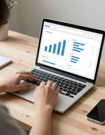 Businesswoman analyzing investment charts with laptop computer. Accounting and finance concept.
