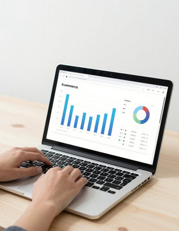 business, education, statistics and people concept - close up of woman with graph on laptop computer...
