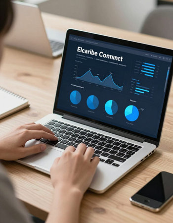 Woman using laptop with concept on screen. All screen graphics are made up.