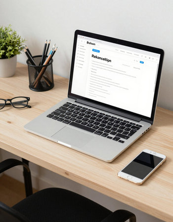 Workplace with laptop and smartphone on wooden desk in office. Job search concept.の写真素材