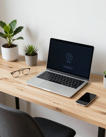 Laptop screen mockup with smart phone and plant on wooden table