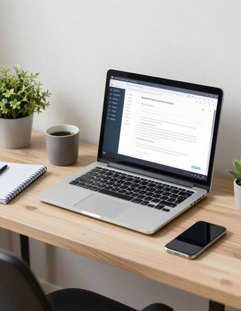 Workplace with laptop and smartphone on the table. Work from home concept.