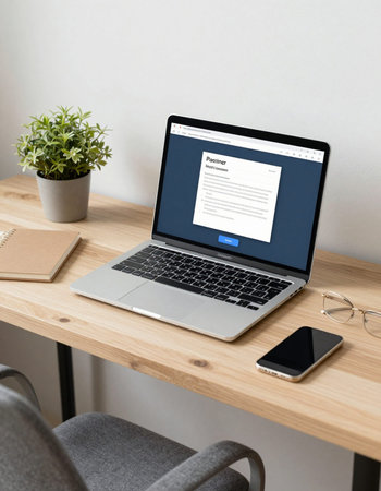 Laptop screen mockup on a wooden desk with laptop and smartphone