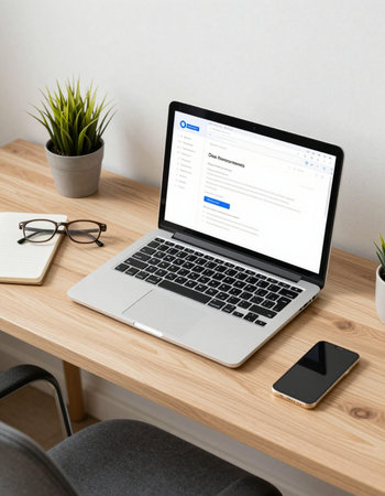 Workplace with laptop and mobile phone on wooden table, stock photo