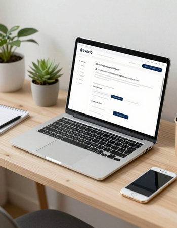 Workplace with laptop and smartphone on wooden table. Work from home concept.