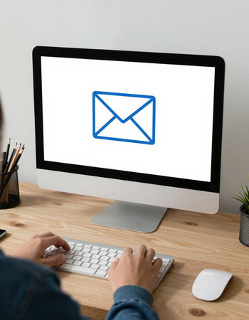 Man using a computer with email concept on the screen. All screen graphics are made up.