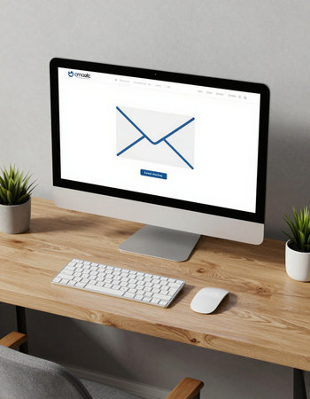3d render of desktop with computer and email icon on screen.