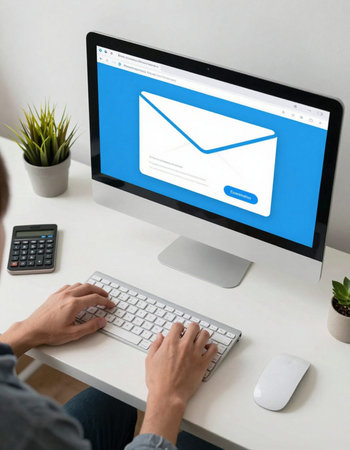 Man using computer with email concept on the screen. All screen graphics are made up.