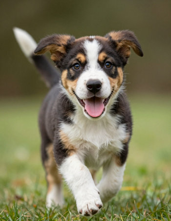 Close up of a puppy running in the grass.の写真素材