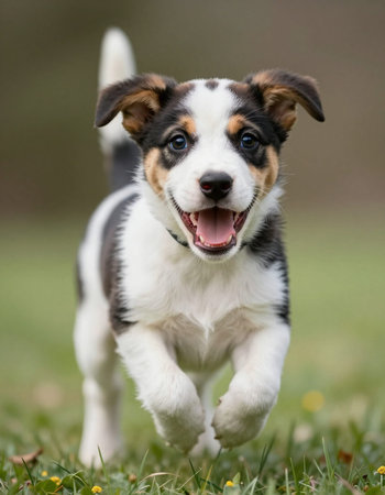 Portrait of a cute purebred puppy running outdoors on grass.
