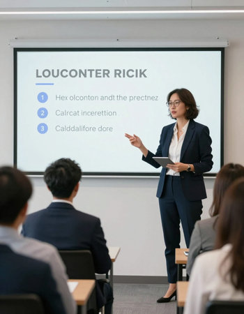 Asian businesswoman giving a presentation in a conference room with a group of people