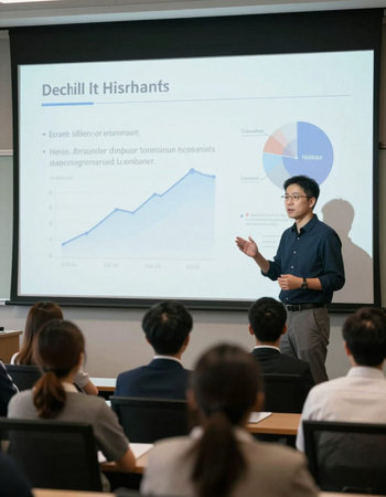 Businessman giving a presentation in front of a group of peopleの写真素材