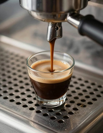 Espresso pouring into a glass of coffee, close-upの写真素材