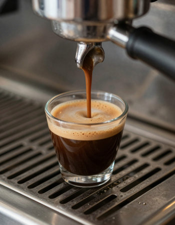 espresso machine pouring coffee into a glass cup, close-upの写真素材