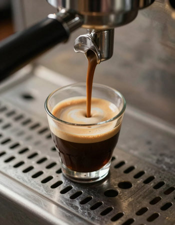 espresso machine pouring coffee into a glass, close-up shot