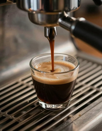 espresso machine pouring coffee into a glass, shallow depth of field