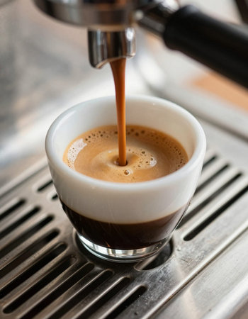 Espresso pouring into a cup of coffee, close-upの写真素材