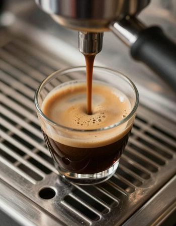 Espresso pouring from coffee machine into a glass of coffee.