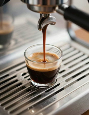 Espresso machine pouring coffee in a glass cup, close upの写真素材