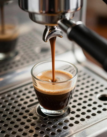 espresso machine pouring coffee into a glass, shallow depth of fieldの写真素材