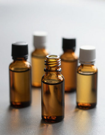 Aromatherapy oil in small glass bottles on a grey background