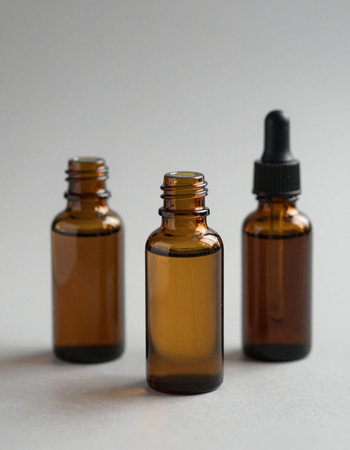 Three brown glass dropper bottles with black lid on white background.の写真素材