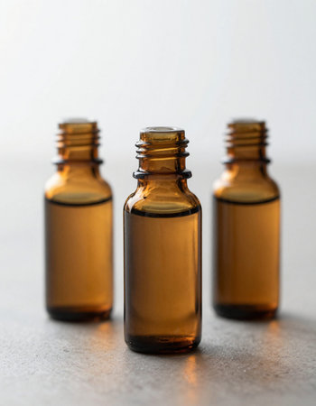 Essential oil in a glass bottle on a light background. Selective focus.