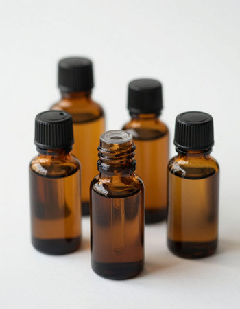 Essential oil in a brown glass bottle on a white background.の写真素材