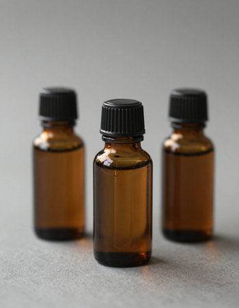 Three small bottles of essential oil on a gray background close upの写真素材