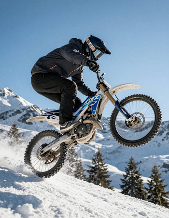 Motocross rider jumping on snow in mountains. Extreme winter sport.
