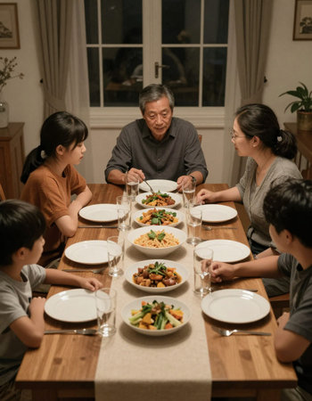 Happy asian family having dinner in the living room at home.の写真素材