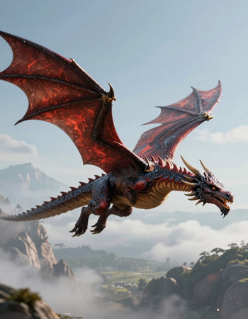 Fantasy dragon flying on the sky background. 3d rendering.の写真素材