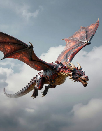 dragon on a background of the cloudy sky, closeup of photoの写真素材