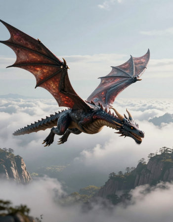 dragon flying in the clouds, 3d render. dragon flying in the cloudsの写真素材