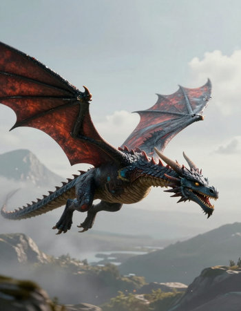3D rendering of a fantasy dragon flying on a cloudy sky background